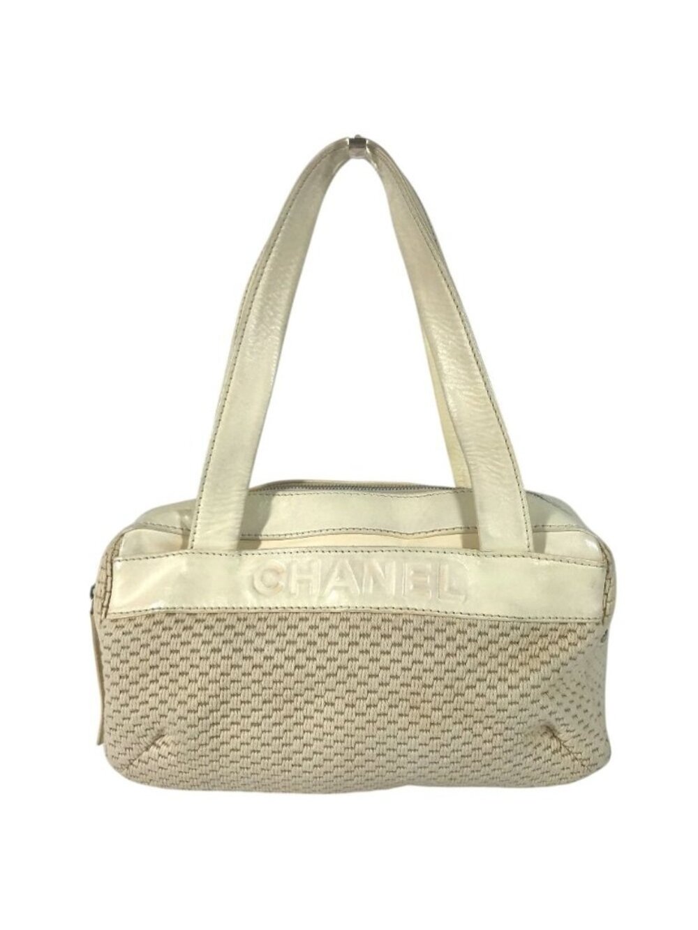 Chanel Shoulder Bag Logo Leather Canvas Beige